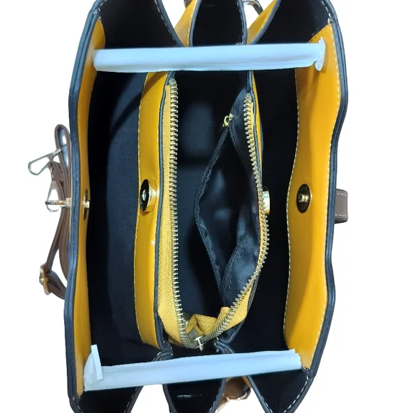 Vesasan Gaohn Yellow and Tan Vegan Leather Shoulder Bag with Structured Design - Picture 8 of 11